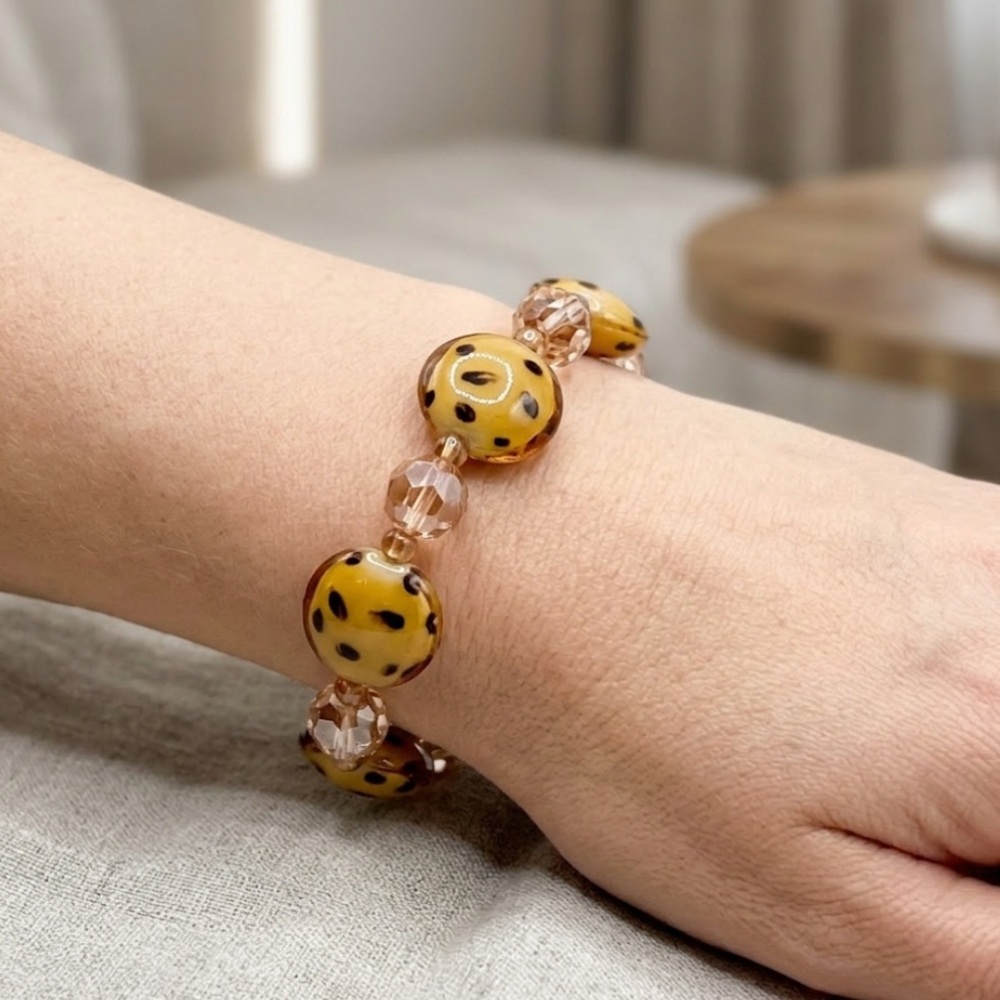Artisan Lampwork Glass Tortoise Shell Beaded Stretch Bracelet - Boho Chic
